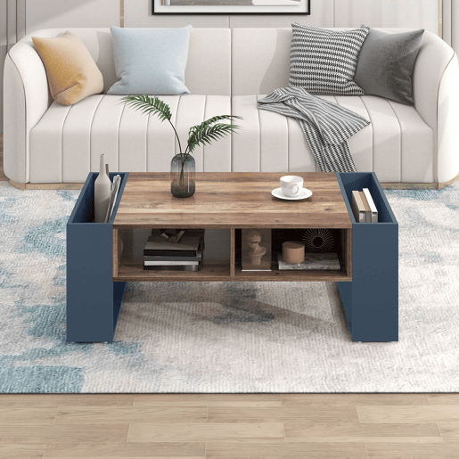 Mesa de centro - efeito madeira, gaveta sem puxador e espaço de arrumação em ambos os lados - Preto e Cinzento Mesa de centro - efeito madeira, gaveta sem puxador e espaço de arrumação em ambos os lados - Preto e Cinzento