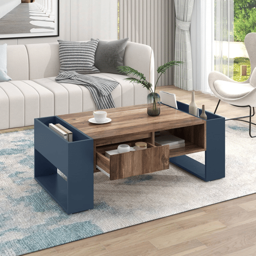 Mesa de centro - efeito madeira, gaveta sem puxador e espaço de arrumação em ambos os lados - Preto e Cinzento Mesa de centro - efeito madeira, gaveta sem puxador e espaço de arrumação em ambos os lados - Preto e Cinzento
