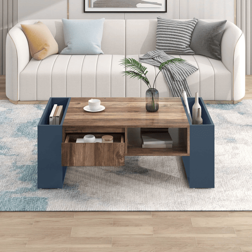 Mesa de centro - efeito madeira, gaveta sem puxador e espaço de arrumação em ambos os lados - Preto e Cinzento Mesa de centro - efeito madeira, gaveta sem puxador e espaço de arrumação em ambos os lados - Preto e Cinzento