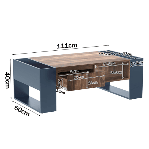 Mesa de centro - efeito madeira, gaveta sem puxador e espaço de arrumação em ambos os lados - Preto e Cinzento Mesa de centro - efeito madeira, gaveta sem puxador e espaço de arrumação em ambos os lados - Preto e Cinzento