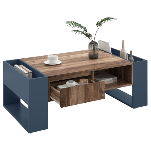 Mesa de centro - efeito madeira, gaveta sem puxador e espaço de arrumação em ambos os lados - Preto e Cinzento Mesa de centro - efeito madeira, gaveta sem puxador e espaço de arrumação em ambos os lados - Preto e Cinzento