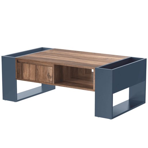 Mesa de centro - efeito madeira, gaveta sem puxador e espaço de arrumação em ambos os lados - Preto e Cinzento Mesa de centro - efeito madeira, gaveta sem puxador e espaço de arrumação em ambos os lados - Preto e Cinzento