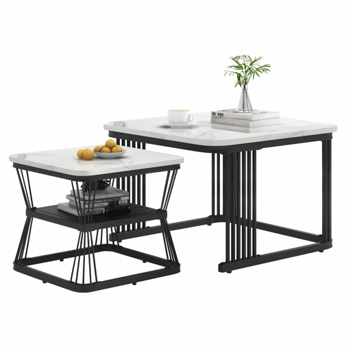 Conjunto de 2 mesas auxiliares de 65 × 65 × 45 cm e 45 × 45 × 39,5 cm u2013 MDF com efeito de mármore e estrutura de aço u2013 Branco e preto Conjunto de 2 mesas auxiliares de 65 × 65 × 45 cm e 45 × 45 × 39,5 cm u2013 MDF com efeito de mármore e estrutura de aço u2013 Branco e preto