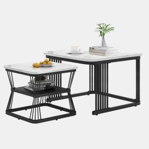Conjunto de 2 mesas auxiliares de 65 × 65 × 45 cm e 45 × 45 × 39,5 cm u2013 MDF com efeito de mármore e estrutura de aço u2013 Branco e preto
