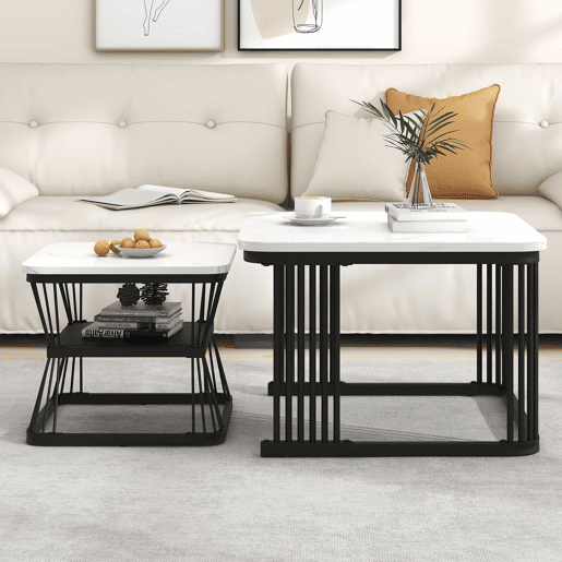 Conjunto de 2 mesas auxiliares de 65 × 65 × 45 cm e 45 × 45 × 39,5 cm u2013 MDF com efeito de mármore e estrutura de aço u2013 Branco e preto Conjunto de 2 mesas auxiliares de 65 × 65 × 45 cm e 45 × 45 × 39,5 cm u2013 MDF com efeito de mármore e estrutura de aço u2013 Branco e preto