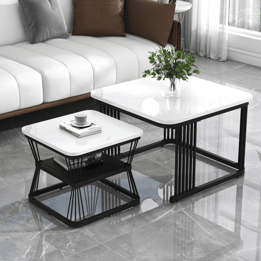 Conjunto de 2 mesas auxiliares de 65 × 65 × 45 cm e 45 × 45 × 39,5 cm u2013 MDF com efeito de mármore e estrutura de aço u2013 Branco e preto Conjunto de 2 mesas auxiliares de 65 × 65 × 45 cm e 45 × 45 × 39,5 cm u2013 MDF com efeito de mármore e estrutura de aço u2013 Branco e preto