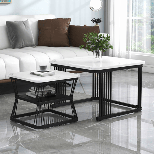Conjunto de 2 mesas auxiliares de 65 × 65 × 45 cm e 45 × 45 × 39,5 cm u2013 MDF com efeito de mármore e estrutura de aço u2013 Branco e preto Conjunto de 2 mesas auxiliares de 65 × 65 × 45 cm e 45 × 45 × 39,5 cm u2013 MDF com efeito de mármore e estrutura de aço u2013 Branco e preto