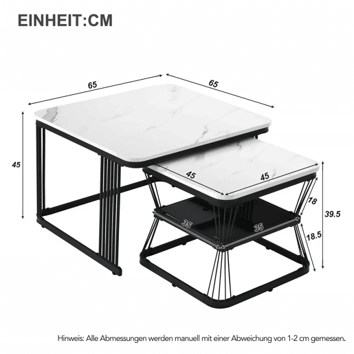 Conjunto de 2 mesas auxiliares de 65 × 65 × 45 cm e 45 × 45 × 39,5 cm u2013 MDF com efeito de mármore e estrutura de aço u2013 Branco e preto Conjunto de 2 mesas auxiliares de 65 × 65 × 45 cm e 45 × 45 × 39,5 cm u2013 MDF com efeito de mármore e estrutura de aço u2013 Branco e preto