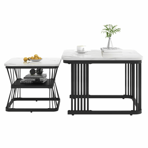 Conjunto de 2 mesas auxiliares de 65 × 65 × 45 cm e 45 × 45 × 39,5 cm u2013 MDF com efeito de mármore e estrutura de aço u2013 Branco e preto Conjunto de 2 mesas auxiliares de 65 × 65 × 45 cm e 45 × 45 × 39,5 cm u2013 MDF com efeito de mármore e estrutura de aço u2013 Branco e preto
