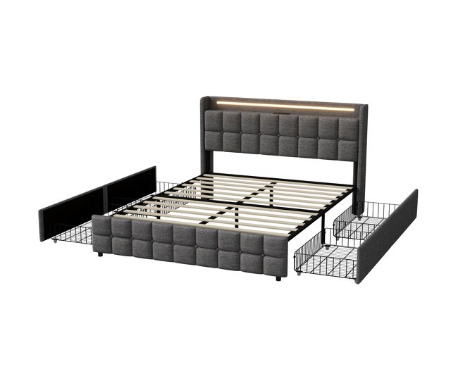 Cama con almacenamiento 160x200 cm con cabecero acolchado, led, 4 cajones y puertos usb, gris