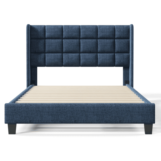 Cama estofada 140x200 cm - cabeceira almofadada, base incluída, linho, firmeza média - Azul Cama estofada 140x200 cm - cabeceira almofadada, base incluída, linho, firmeza média - Azul