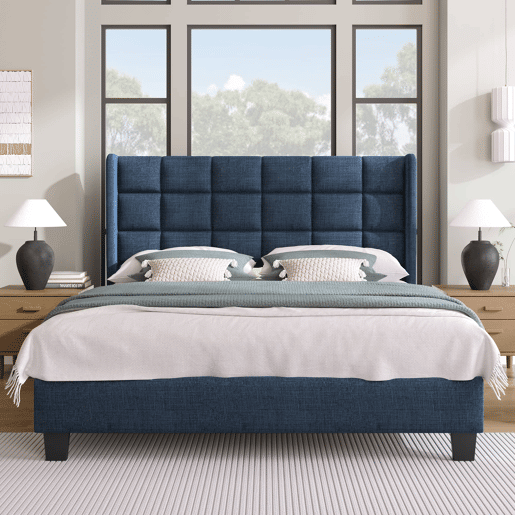 Cama estofada 140x200 cm - cabeceira almofadada, base incluída, linho, firmeza média - Azul Cama estofada 140x200 cm - cabeceira almofadada, base incluída, linho, firmeza média - Azul