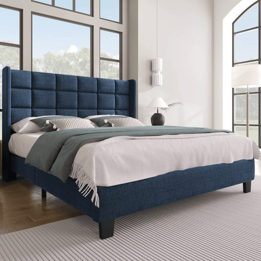 Cama estofada 140x200 cm - cabeceira almofadada, base incluída, linho, firmeza média - Azul Cama estofada 140x200 cm - cabeceira almofadada, base incluída, linho, firmeza média - Azul