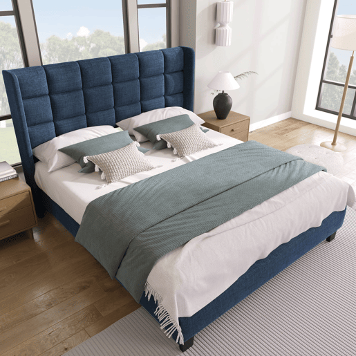 Cama estofada 140x200 cm - cabeceira almofadada, base incluída, linho, firmeza média - Azul Cama estofada 140x200 cm - cabeceira almofadada, base incluída, linho, firmeza média - Azul