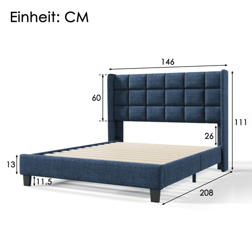 Cama estofada 140x200 cm - cabeceira almofadada, base incluída, linho, firmeza média - Azul Cama estofada 140x200 cm - cabeceira almofadada, base incluída, linho, firmeza média - Azul