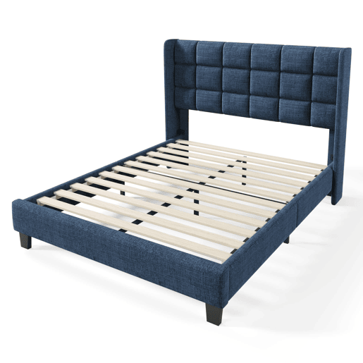 Cama estofada 140x200 cm - cabeceira almofadada, base incluída, linho, firmeza média - Azul Cama estofada 140x200 cm - cabeceira almofadada, base incluída, linho, firmeza média - Azul