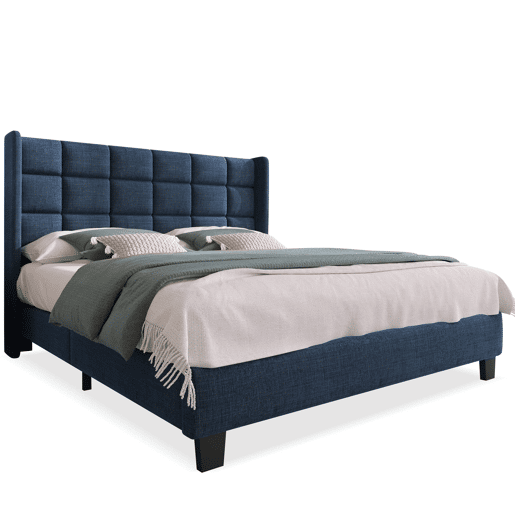 Cama estofada 140x200 cm - cabeceira almofadada, base incluída, linho, firmeza média - Azul Cama estofada 140x200 cm - cabeceira almofadada, base incluída, linho, firmeza média - Azul