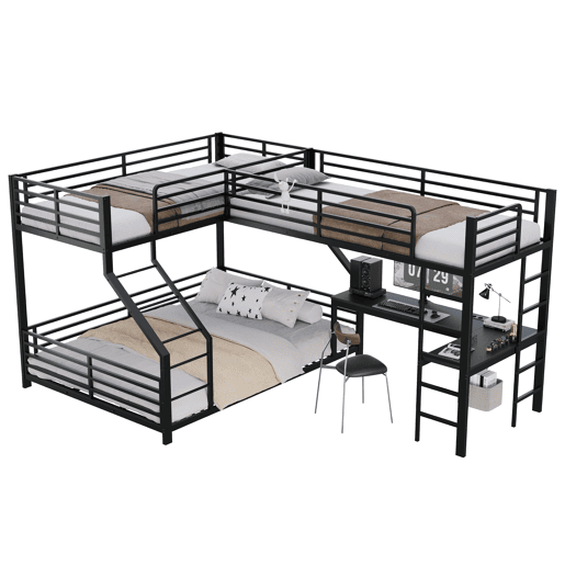 Beliche triplo 90 x 200 cm + 140 x 200 cm - estrutura metálica, secretária, tomada dupla USB e Type-C, com certificação EN747, sem colchão - Preto