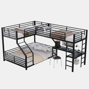 Beliche triplo 90 x 200 cm + 140 x 200 cm - estrutura metálica, secretária, tomada dupla USB e Type-C, com certificação EN747, sem colchão - Preto