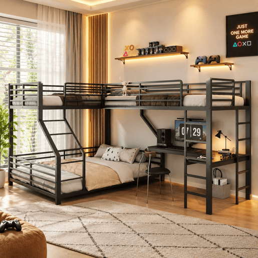 Beliche triplo 90 x 200 cm + 140 x 200 cm - estrutura metálica, secretária, tomada dupla USB e Type-C, com certificação EN747, sem colchão - Preto