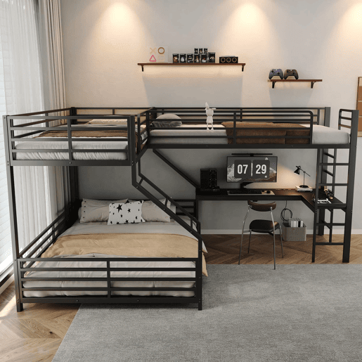 Beliche triplo 90 x 200 cm + 140 x 200 cm - estrutura metálica, secretária, tomada dupla USB e Type-C, com certificação EN747, sem colchão - Preto