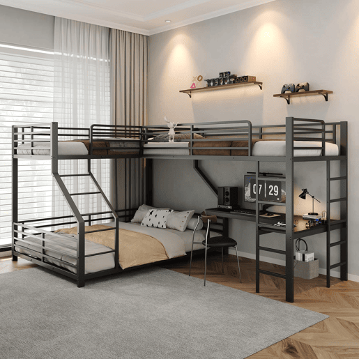 Beliche triplo 90 x 200 cm + 140 x 200 cm - estrutura metálica, secretária, tomada dupla USB e Type-C, com certificação EN747, sem colchão - Preto