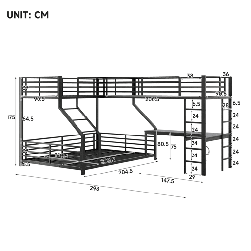 Beliche triplo 90 x 200 cm + 140 x 200 cm - estrutura metálica, secretária, tomada dupla USB e Type-C, com certificação EN747, sem colchão - Preto
