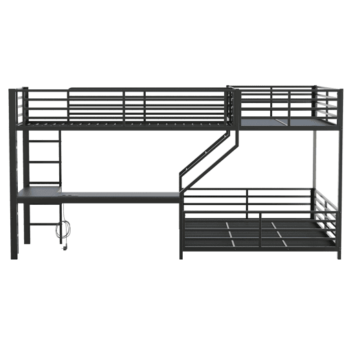 Beliche triplo 90 x 200 cm + 140 x 200 cm - estrutura metálica, secretária, tomada dupla USB e Type-C, com certificação EN747, sem colchão - Preto