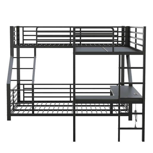 Beliche triplo 90 x 200 cm + 140 x 200 cm - estrutura metálica, secretária, tomada dupla USB e Type-C, com certificação EN747, sem colchão - Preto