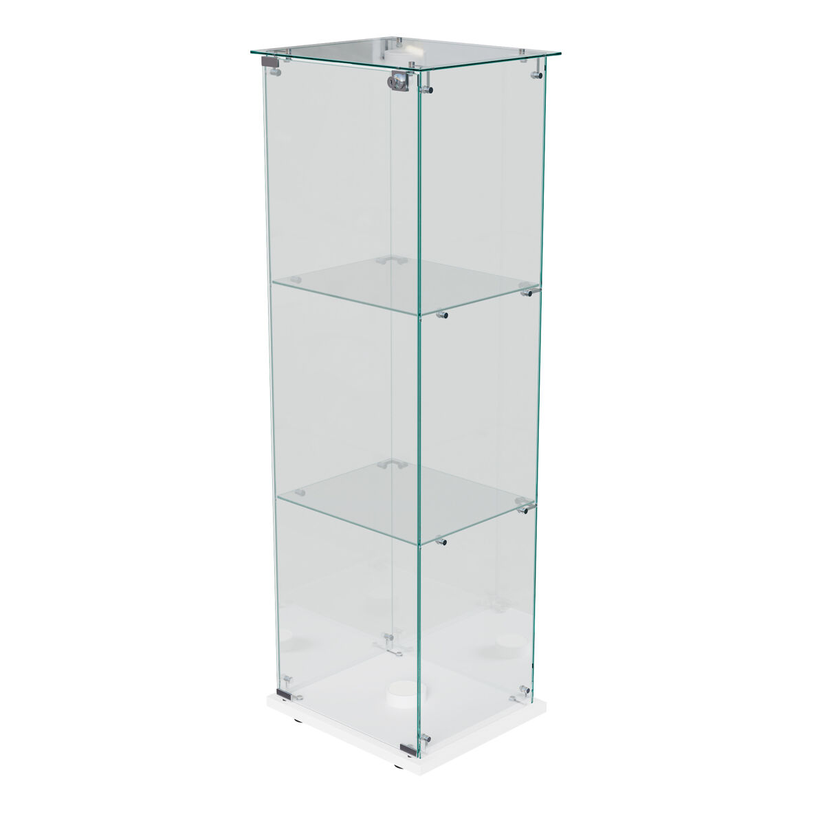 Vitrina de cristal de una puerta y tres niveles con iluminación táctil, estantes de madera y pantalla transparente de 360°, color blanco.