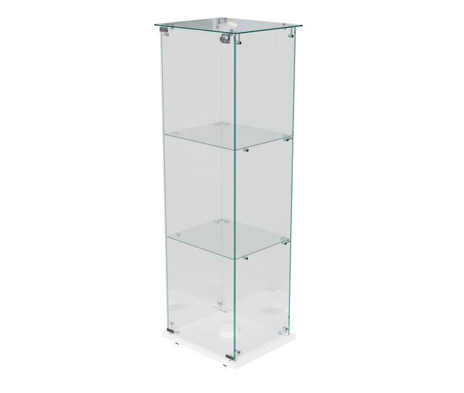 Vitrina de cristal de una puerta y tres niveles con iluminación táctil, estantes de madera y pantalla transparente de 360°, color blanco.