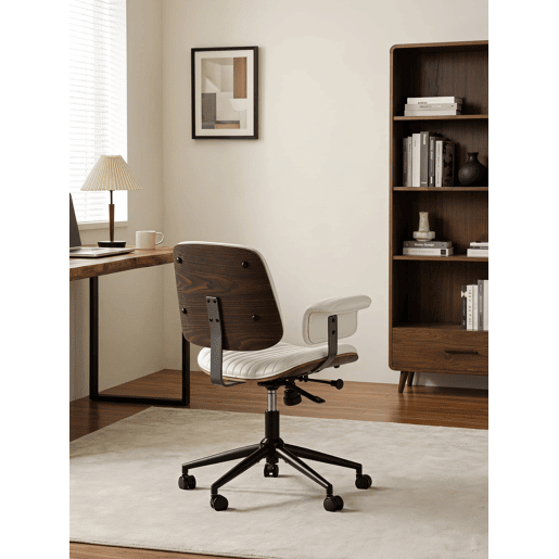 Cadeira de escritório ergonómica u2013 couro, rodas, apoios de braços em carvalho, altura ajustável e giratória a 360° u2013 Bege Cadeira de escritório ergonómica u2013 couro, rodas, apoios de braços em carvalho, altura ajustável e giratória a 360° u2013 Bege