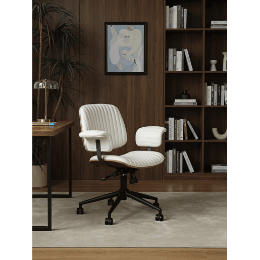 Cadeira de escritório ergonómica u2013 couro, rodas, apoios de braços em carvalho, altura ajustável e giratória a 360° u2013 Bege Cadeira de escritório ergonómica u2013 couro, rodas, apoios de braços em carvalho, altura ajustável e giratória a 360° u2013 Bege