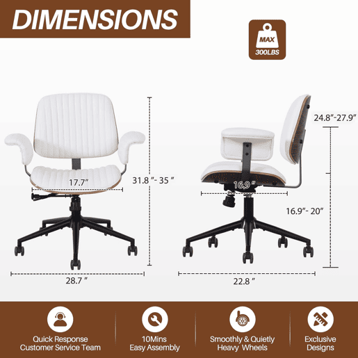 Cadeira de escritório ergonómica u2013 couro, rodas, apoios de braços em carvalho, altura ajustável e giratória a 360° u2013 Bege Cadeira de escritório ergonómica u2013 couro, rodas, apoios de braços em carvalho, altura ajustável e giratória a 360° u2013 Bege