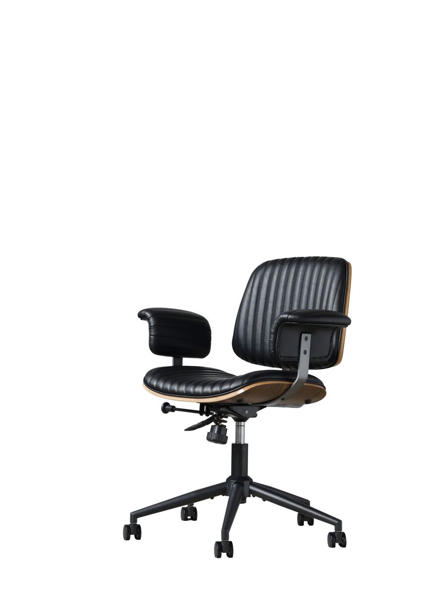 Silla de oficina 73 x 59 x 87 cm - ergonómica de cuero con ruedas, reposabrazos de roble, altura regulable y giro 360° - negro