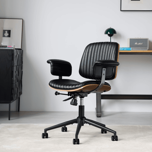 Cadeira de escritório 73 x 59 x 87 cm - ergonómica em pele com rodas, apoios de braços em carvalho, altura ajustável e rotação de 360° - Preto