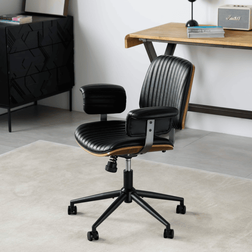 Cadeira de escritório 73 x 59 x 87 cm - ergonómica em pele com rodas, apoios de braços em carvalho, altura ajustável e rotação de 360° - Preto