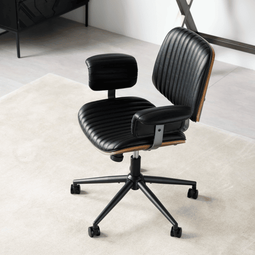 Cadeira de escritório 73 x 59 x 87 cm - ergonómica em pele com rodas, apoios de braços em carvalho, altura ajustável e rotação de 360° - Preto