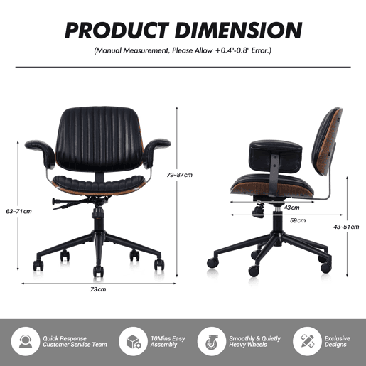 Cadeira de escritório 73 x 59 x 87 cm - ergonómica em pele com rodas, apoios de braços em carvalho, altura ajustável e rotação de 360° - Preto