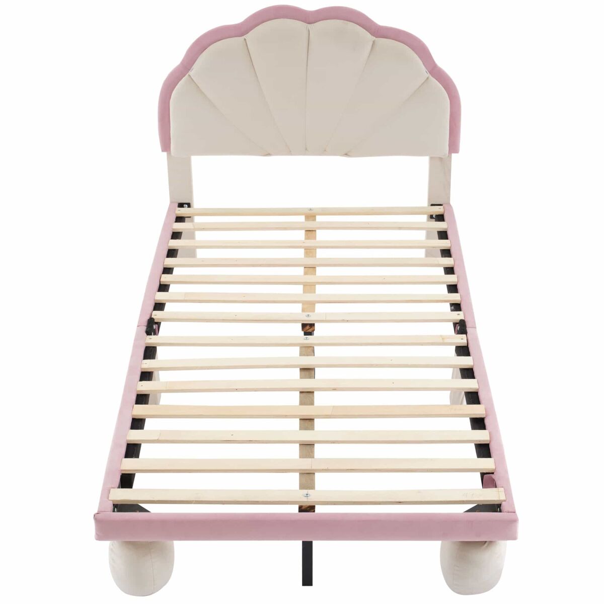 Cama individual tapizada 90 × 200 cm – led multicolor, cabecero ondulado, patas redondas y somier de láminas – beige y rosa