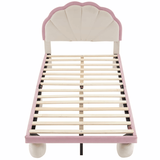 Cama individual estofada 90 × 200 cm u2013 LED multicolorido, cabeceira ondulada, pés redondos e base de ripas u2013 Bege e rosa