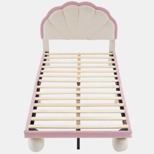 Cama individual estofada 90 × 200 cm u2013 LED multicolorido, cabeceira ondulada, pés redondos e base de ripas u2013 Bege e rosa