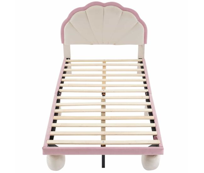 Cama individual tapizada 90 × 200 cm – led multicolor, cabecero ondulado, patas redondas y somier de láminas – beige y rosa