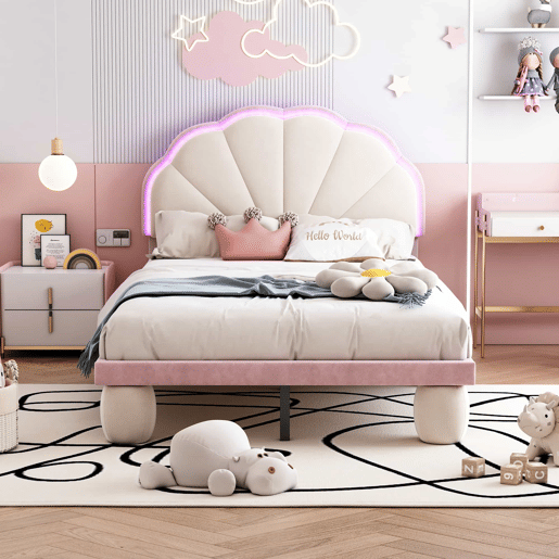 Cama individual estofada 90 × 200 cm u2013 LED multicolorido, cabeceira ondulada, pés redondos e base de ripas u2013 Bege e rosa