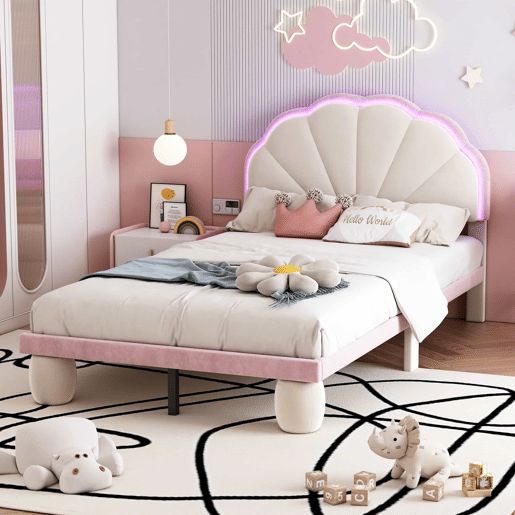 Cama individual estofada 90 × 200 cm u2013 LED multicolorido, cabeceira ondulada, pés redondos e base de ripas u2013 Bege e rosa