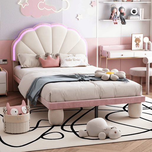 Cama individual estofada 90 × 200 cm u2013 LED multicolorido, cabeceira ondulada, pés redondos e base de ripas u2013 Bege e rosa