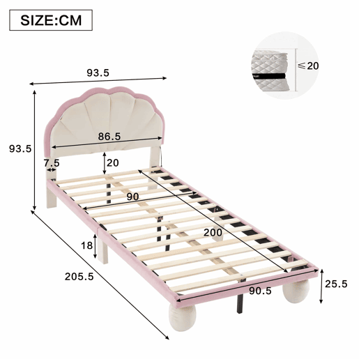 Cama individual estofada 90 × 200 cm u2013 LED multicolorido, cabeceira ondulada, pés redondos e base de ripas u2013 Bege e rosa