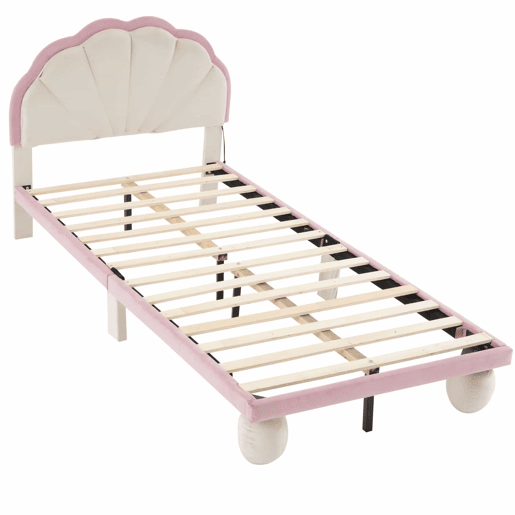 Cama individual estofada 90 × 200 cm u2013 LED multicolorido, cabeceira ondulada, pés redondos e base de ripas u2013 Bege e rosa