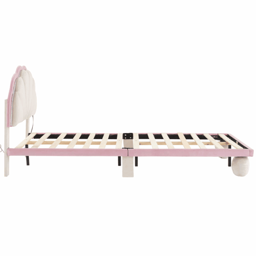 Cama individual estofada 90 × 200 cm u2013 LED multicolorido, cabeceira ondulada, pés redondos e base de ripas u2013 Bege e rosa