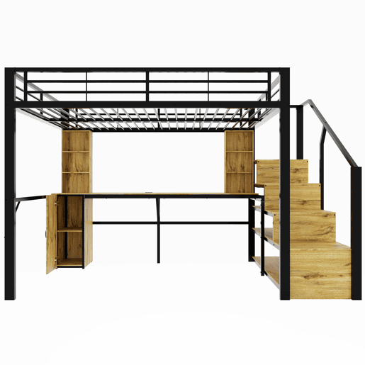 Cama alta 140 x 200 cm - estrutura metálica com secretária, prateleiras, roupeiro, escada com espaço de arrumação e porta USB, sem colchão - Preto